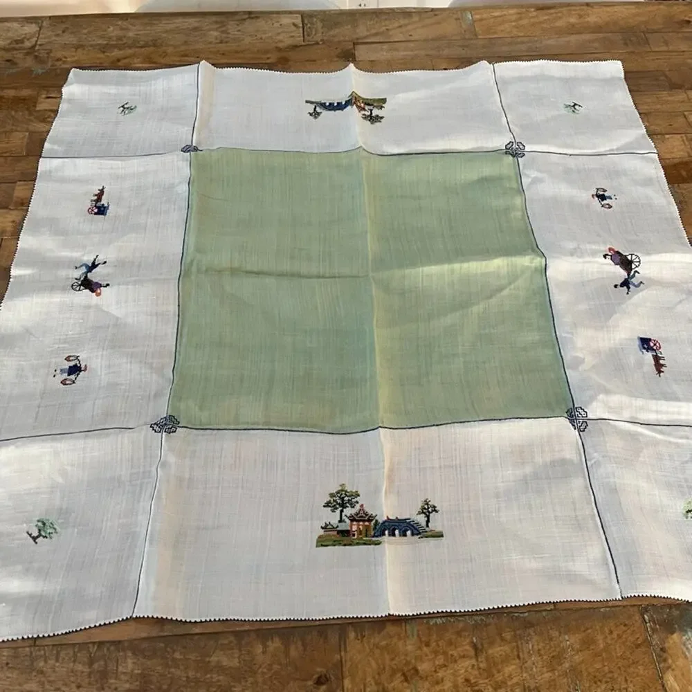 Vintage Chinese Embroidered Small Rice Linen Tablecloth 32